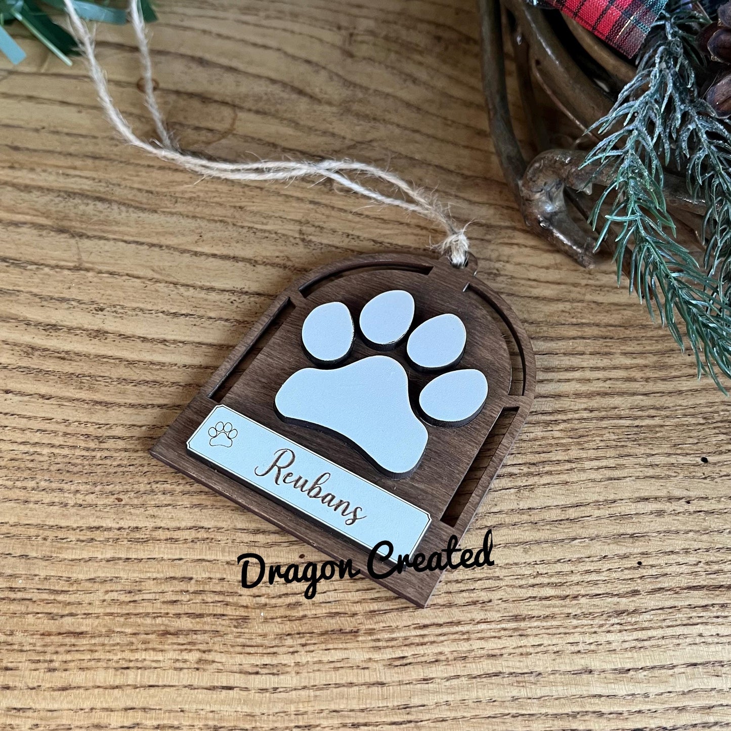 Pet Christmas Ornament: Personalised Engraved Wooden Dog Paws, Tree Decoration.