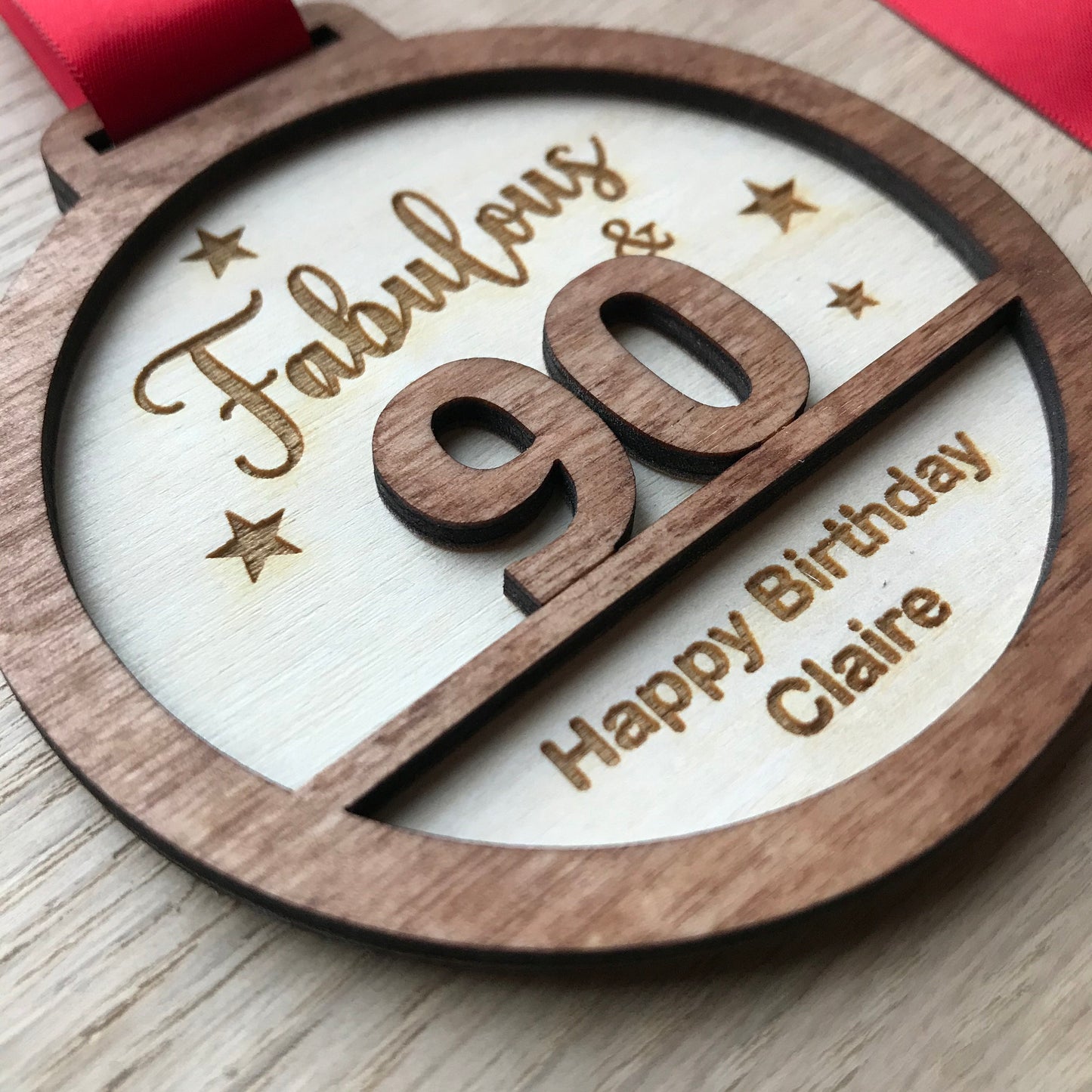 Personalised 90th Birthday Award Medal: Engraved Birch Wood