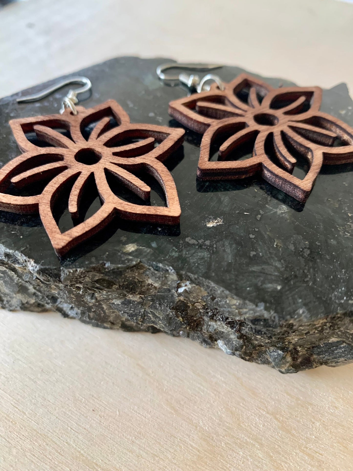 Laser Cut Flower Wooden Earrings: Geometric Dangle, Hypoallergenic