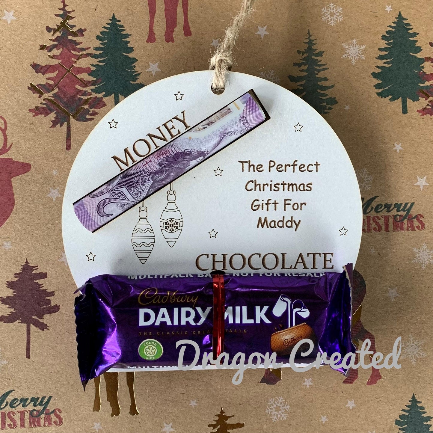 Personalised Christmas Money & Chocolate Holder: Engraved Wooden Ornament, Cash Envelope