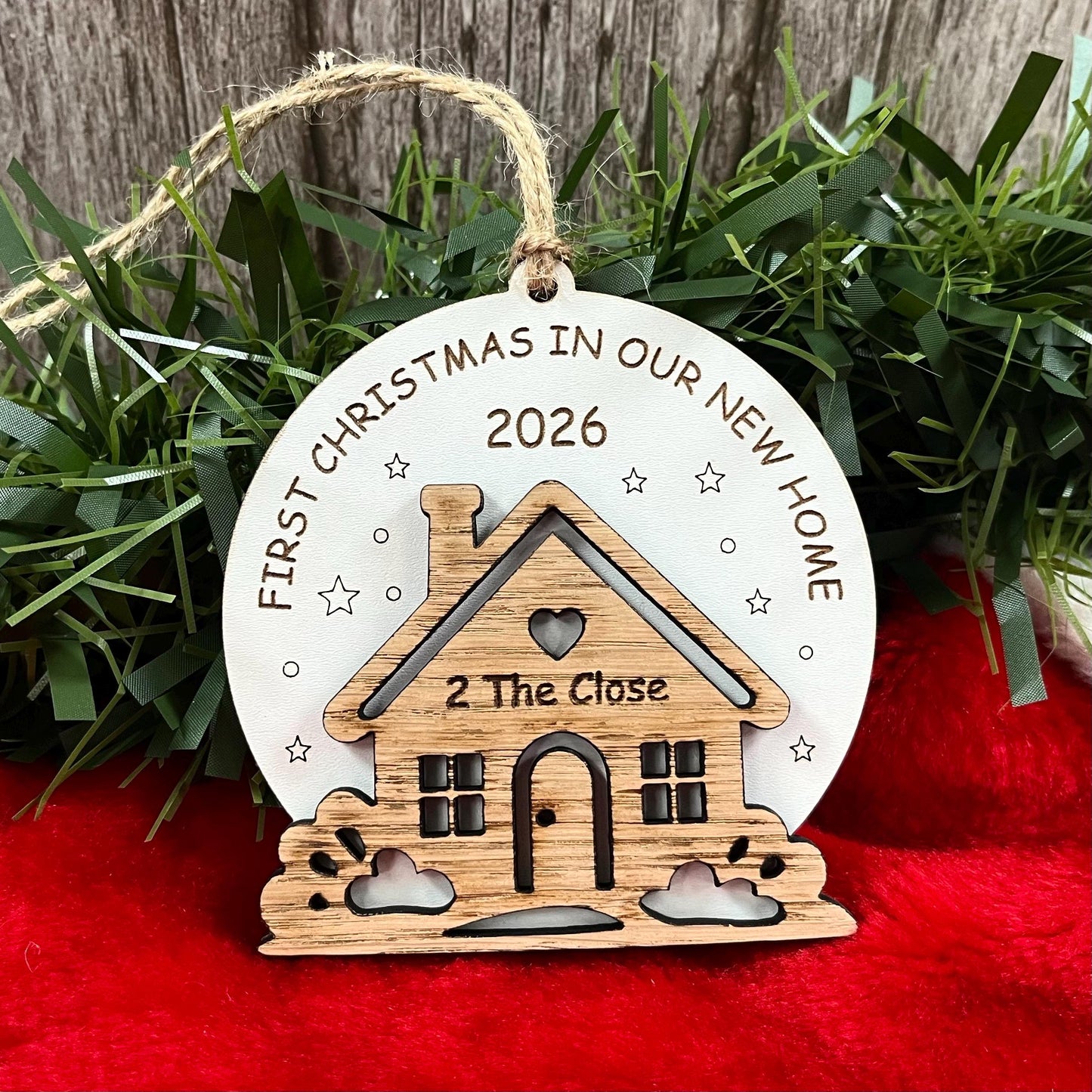 First Christmas In New Home, Christmas Ornament, Personalised Wooden Tree Decoration