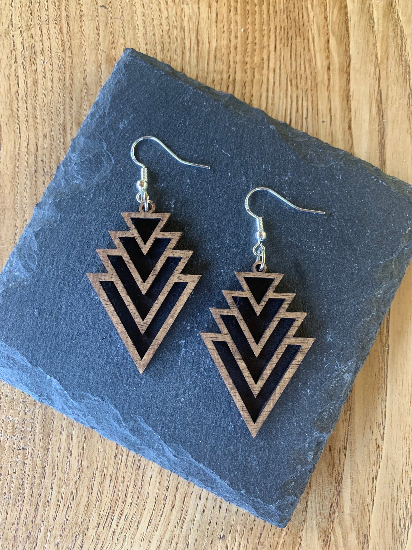 Wooden Earrings - Lightweight hyper allergenic Earrings - handmade Drop Earring - Dangly Silver