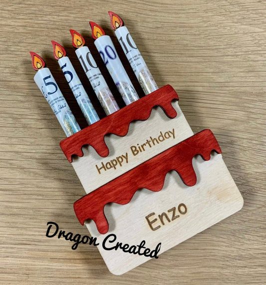 Personalised Birthday Money Holder: Wooden Cake Cash Gift, Envelope