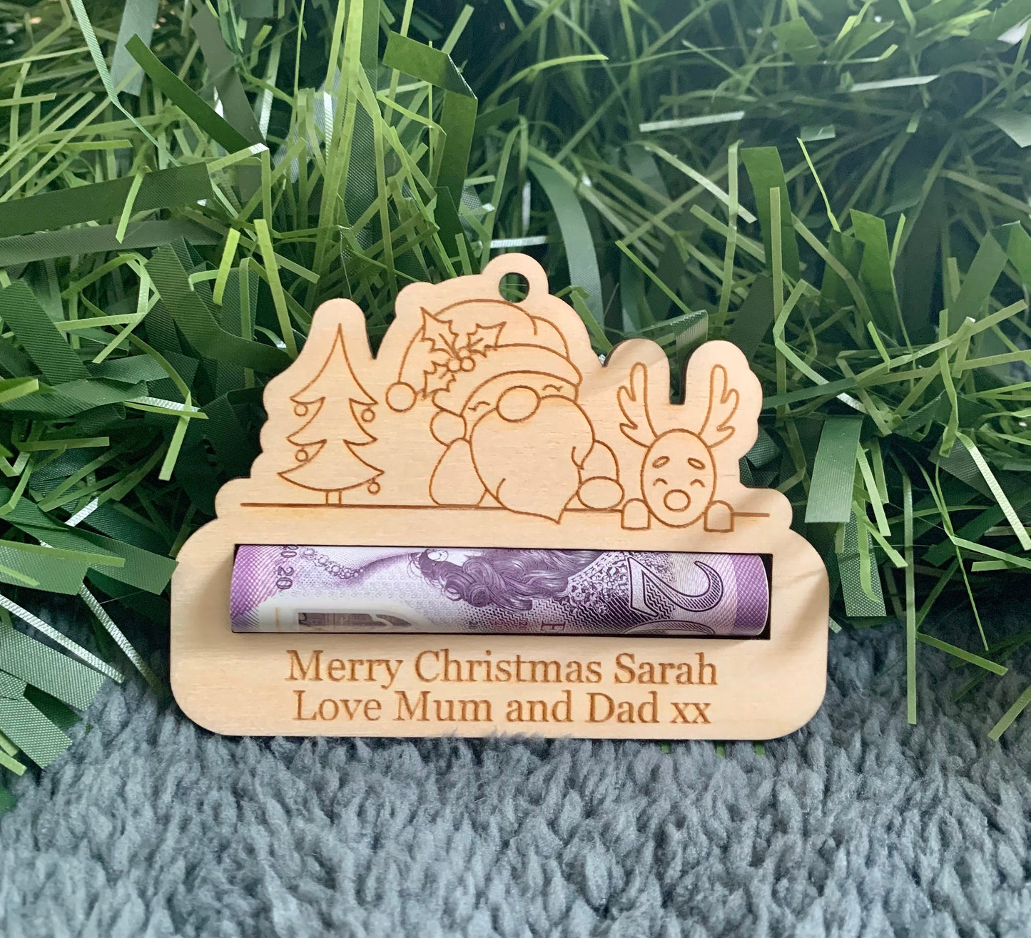 Personalised Christmas Money Holder: Wooden Tree Decoration, Cash Gift Envelope
