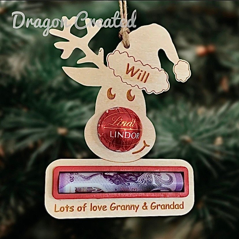 Personalised Christmas Money Holder Ornament: Reindeer Chocolate Bauble