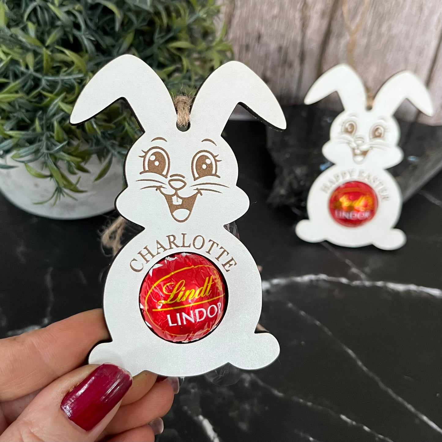 Easter Bunny Personalised Chocolate Holder: Wooden Easter Basket Decoration, Lindor, Lindt Chocolate, Egg Hunt