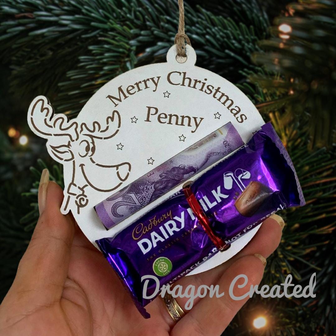 Personalised Reindeer Chocolate & Money Holder: Wooden Christmas Ornament