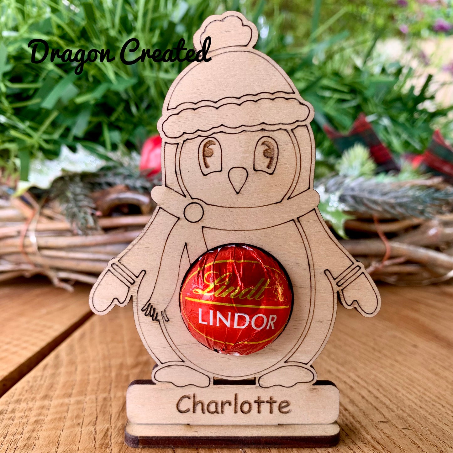 Personalised Wooden Penguin Chocolate Place Setting: Christmas Table Décor, Lindor Chocolate Holder