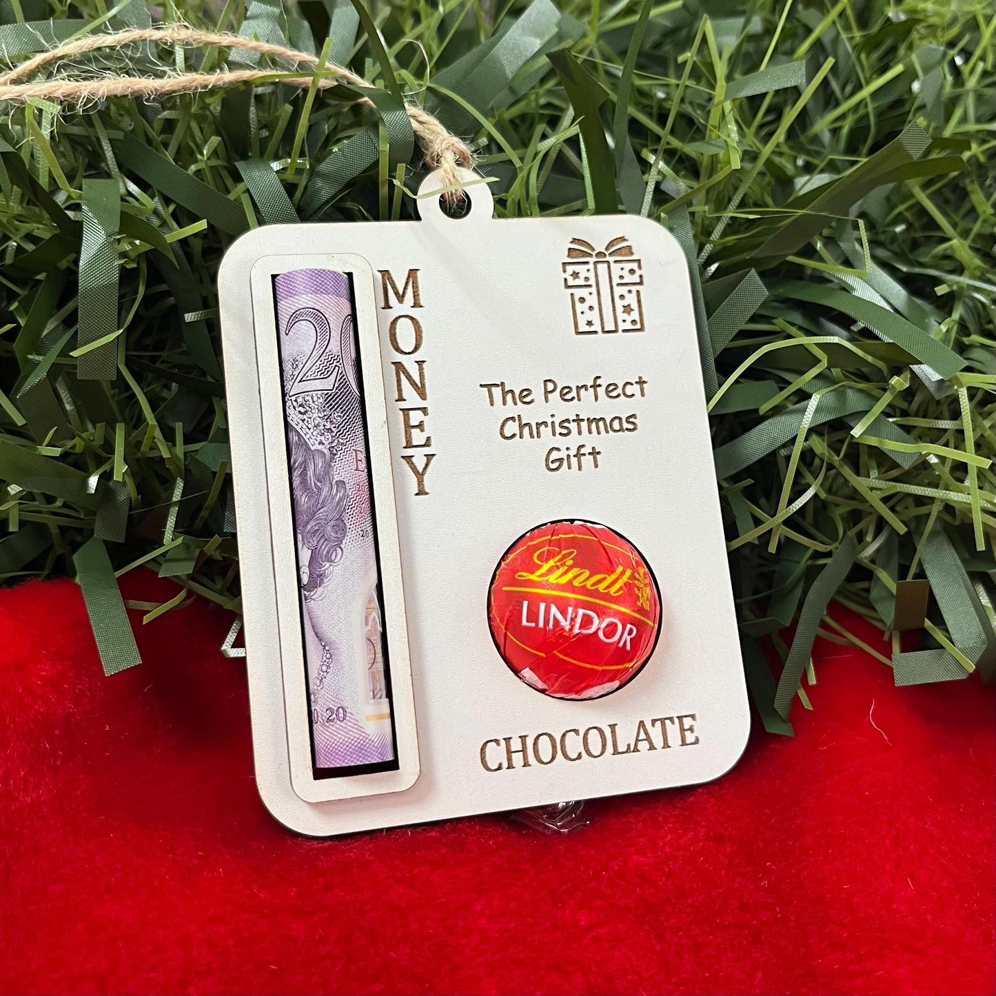 Personalised Christmas Money & Chocolate Holder: Wooden Bauble Ornament, Lindor Cash Envelope