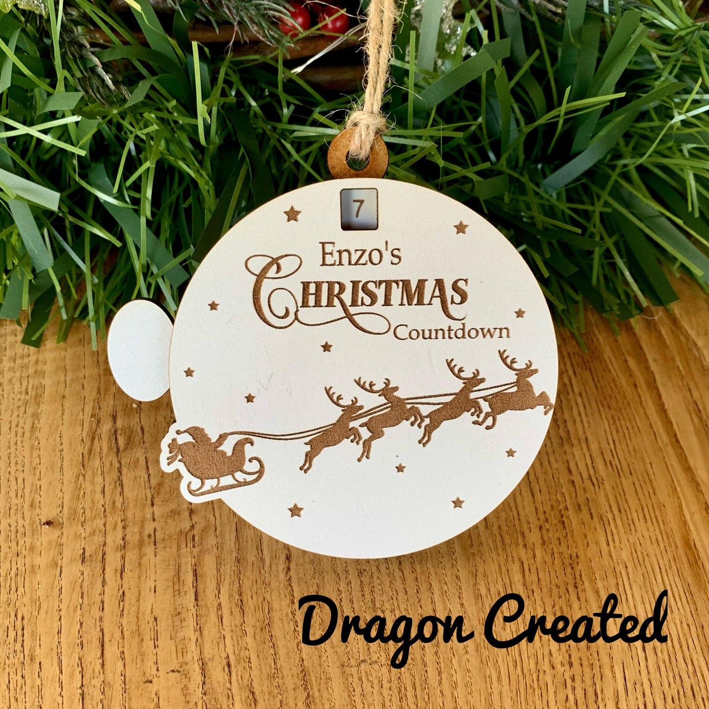 Christmas Countdown, Personalised Sliding Wooden Advent Calendar, Santa Sleigh Bauble Personalised