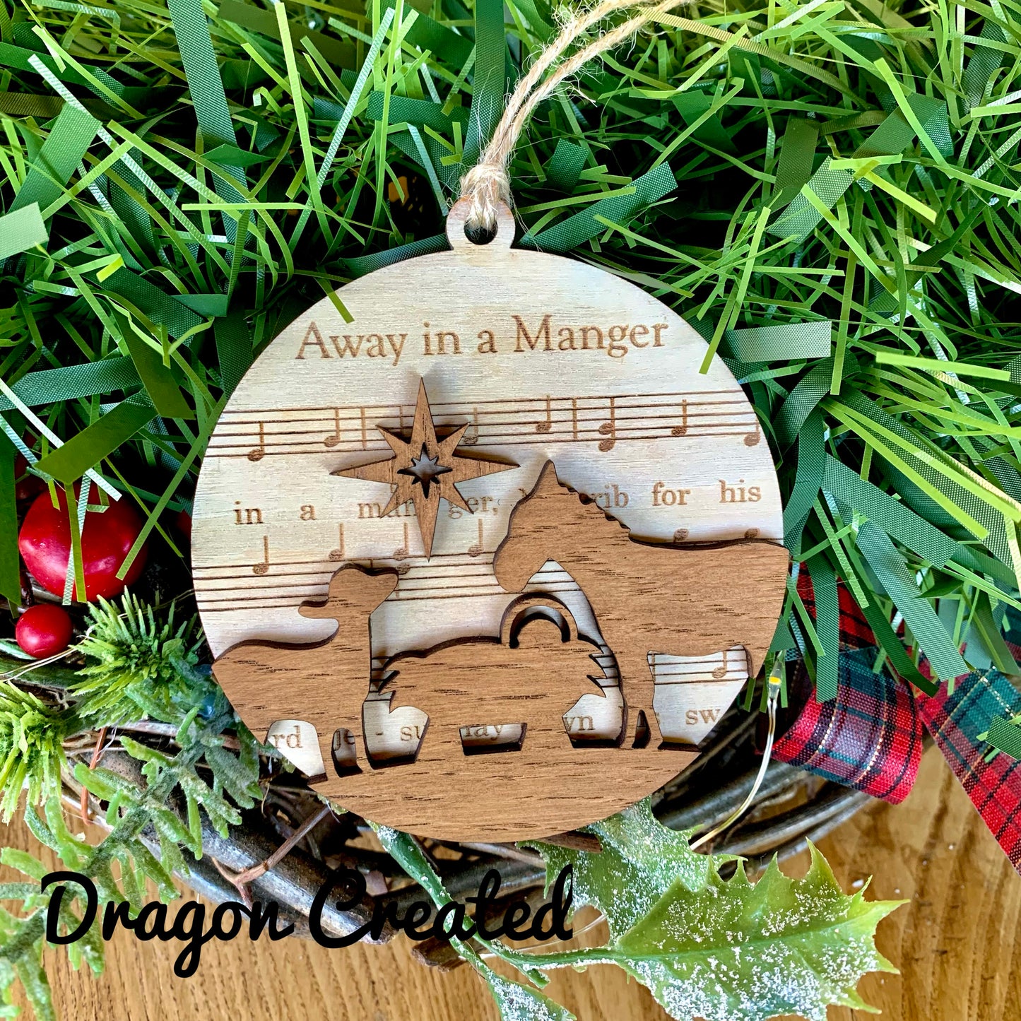 Away In A Manger Wooden Bauble, Christmas Tree Ornament, Christmas Carol, Nativity scene