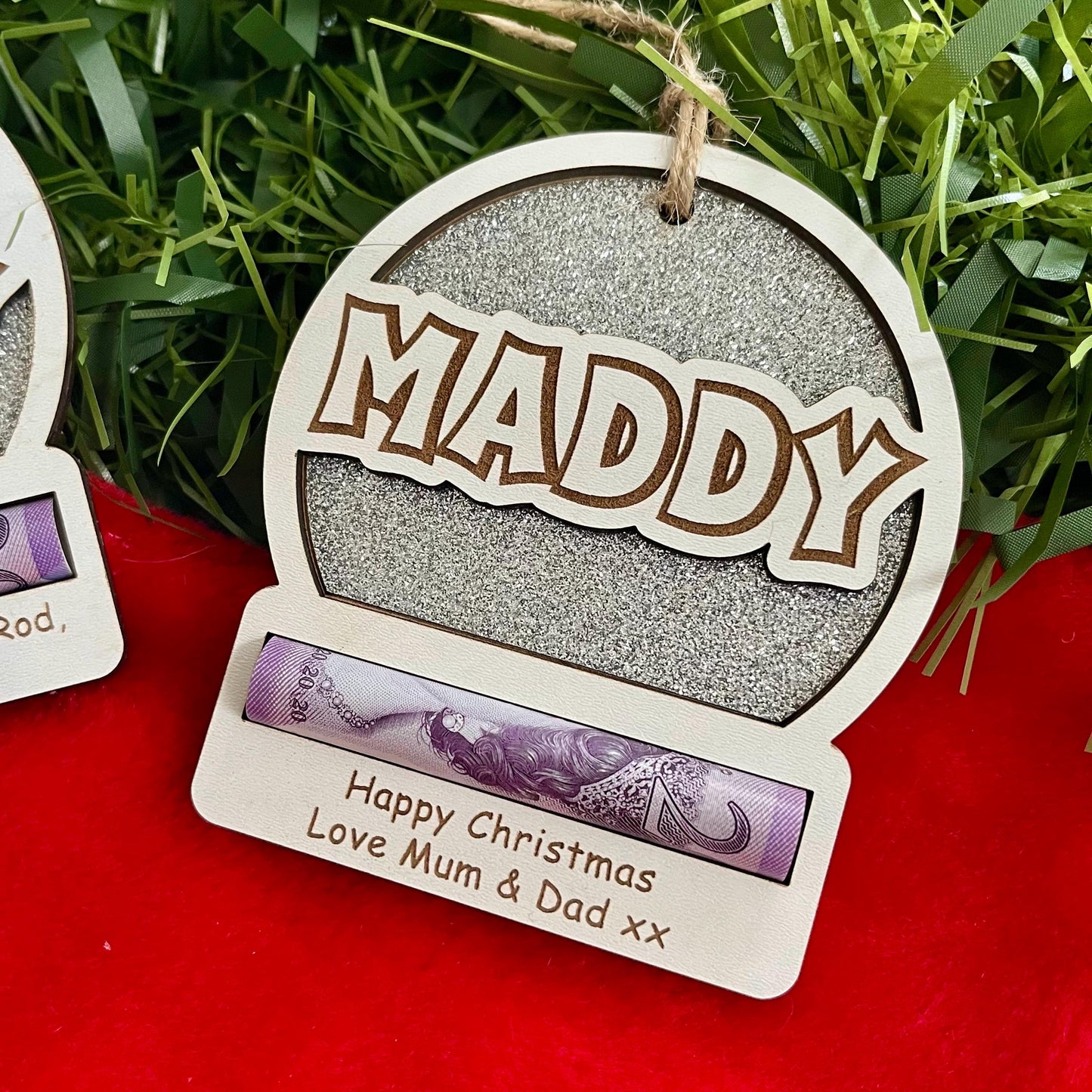 Personalised Christmas Money Holder: Sparkly Wooden Tree Decoration, Cash Envelope