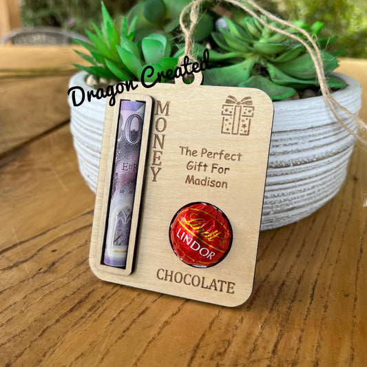 Personalised Wooden Money & Chocolate Gift Holder - Birthday Keepsake, Lindor Holder