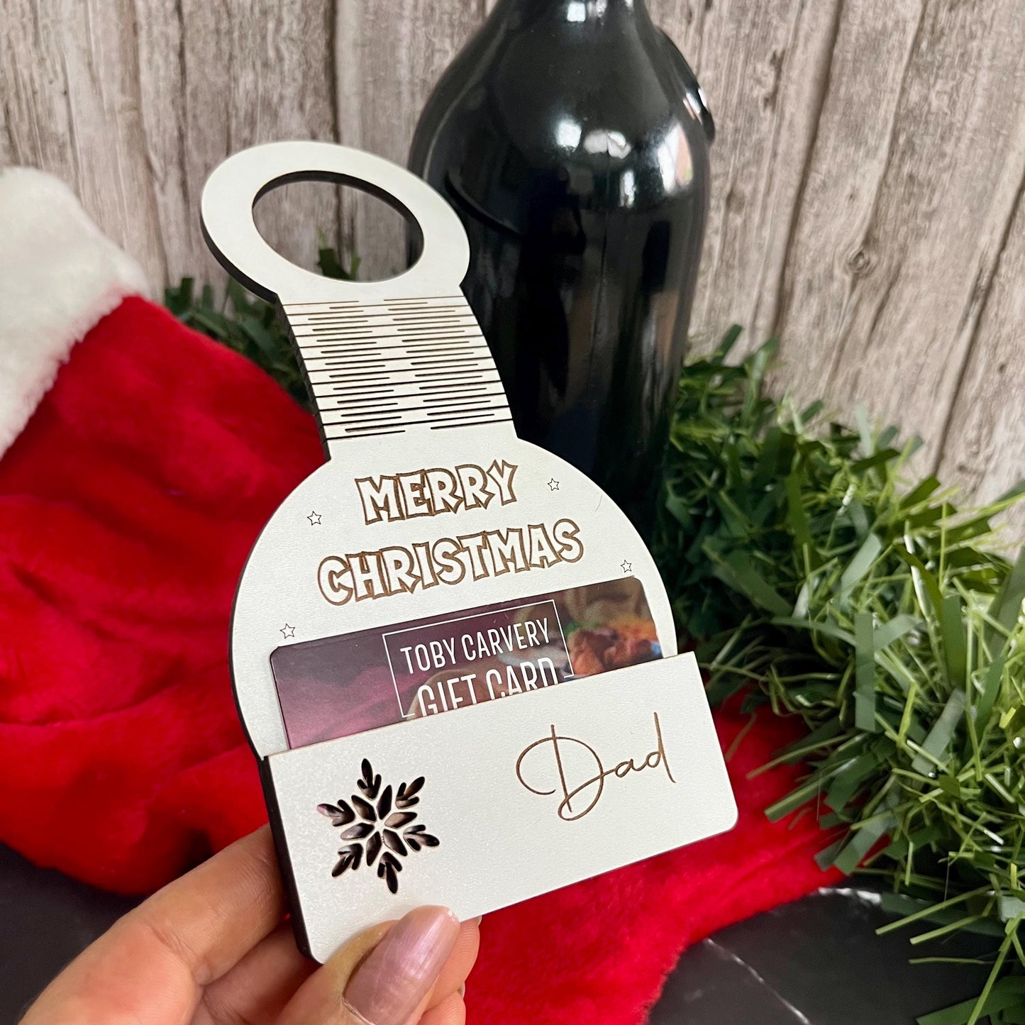 Personalised Christmas Wine Tag, Gift Card Holder: Wooden Wine Bottle Topper