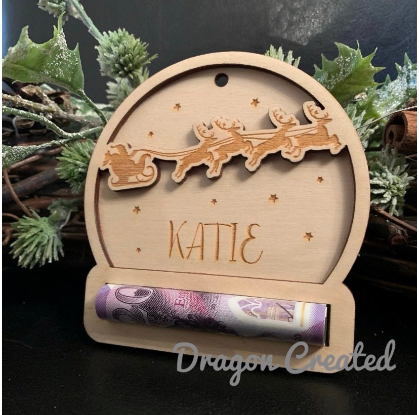 Personalised Santa Christmas Money Holder Ornament: Engraved Wood Bauble, Cash Envelope