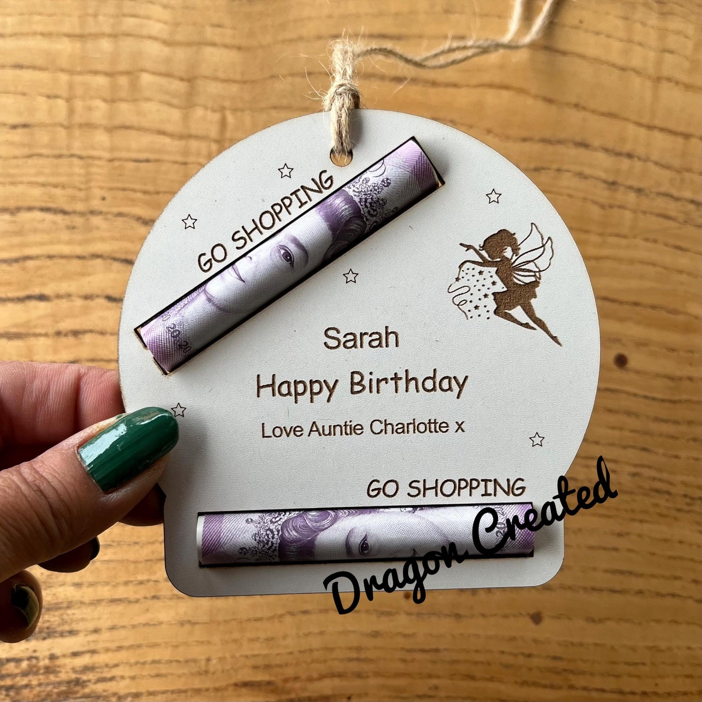 Personalised Birthday Money Holder: Engraved Wooden Gift Envelope, Fairy Magic Design