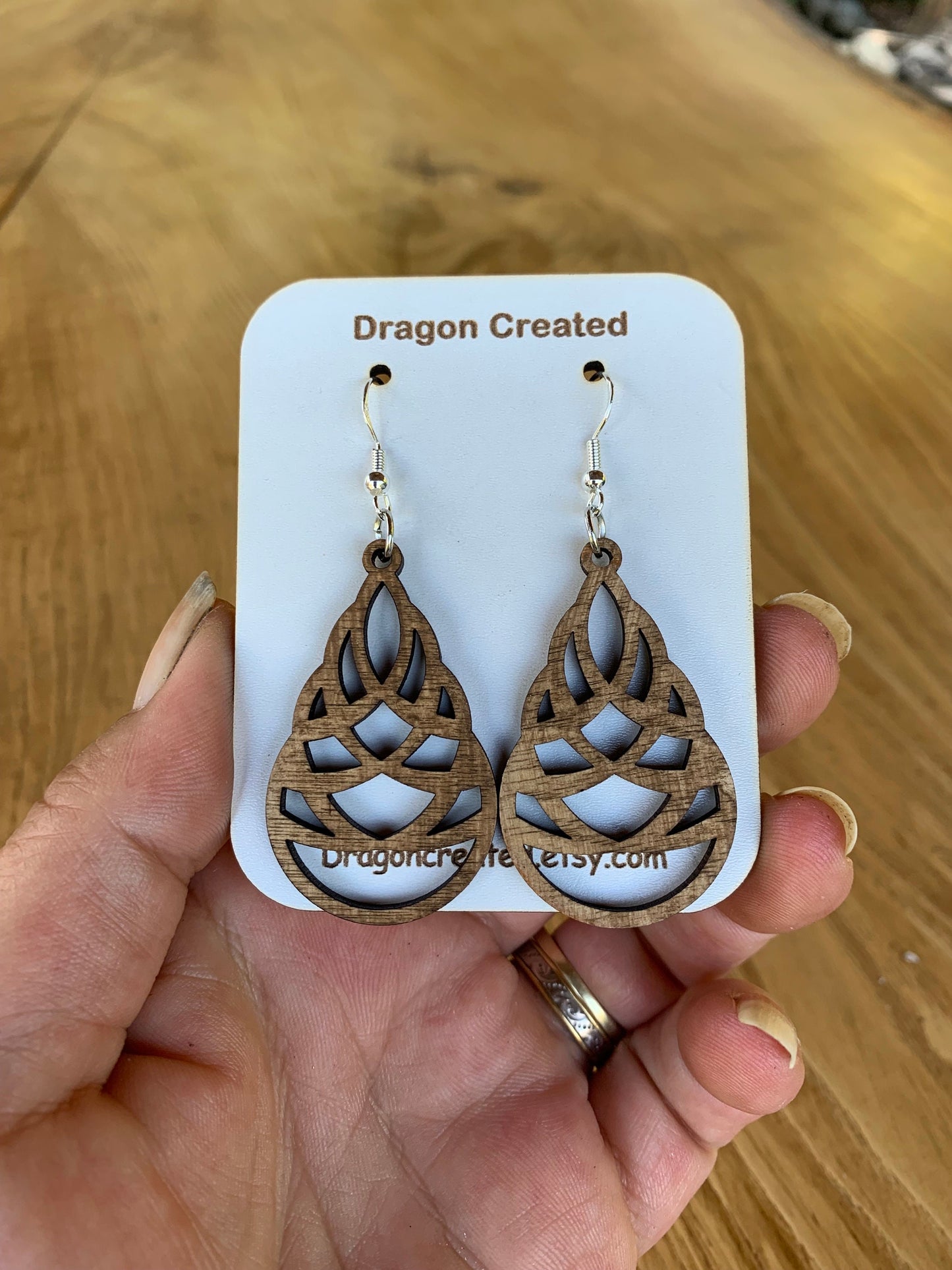 Wooden Swirly Teardrop Earrings - Lightweight hyper allergenic Earrings - handmade Drop Earring - Dangly Silver