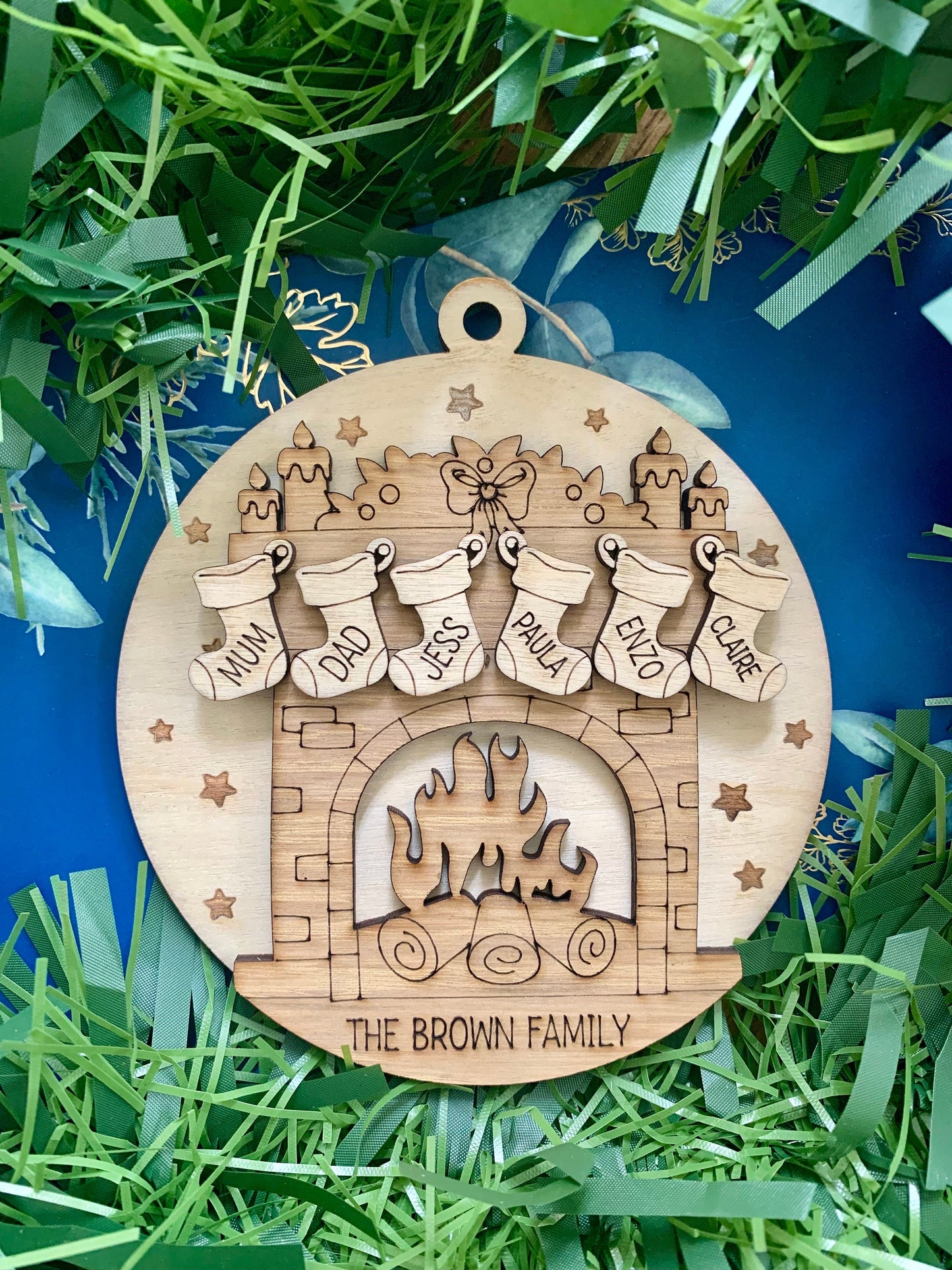 Personalised Family Stocking Ornament: Engraved Birch & Oak Bauble, Family Tree, Grandparent Christmas