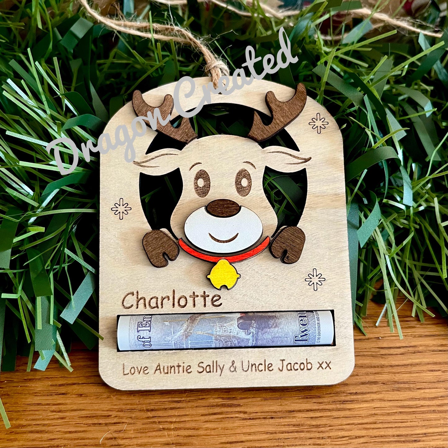 Personalised Christmas Money Holder: Reindeer Tree Decoration, Birch Wood, Cash Envelope