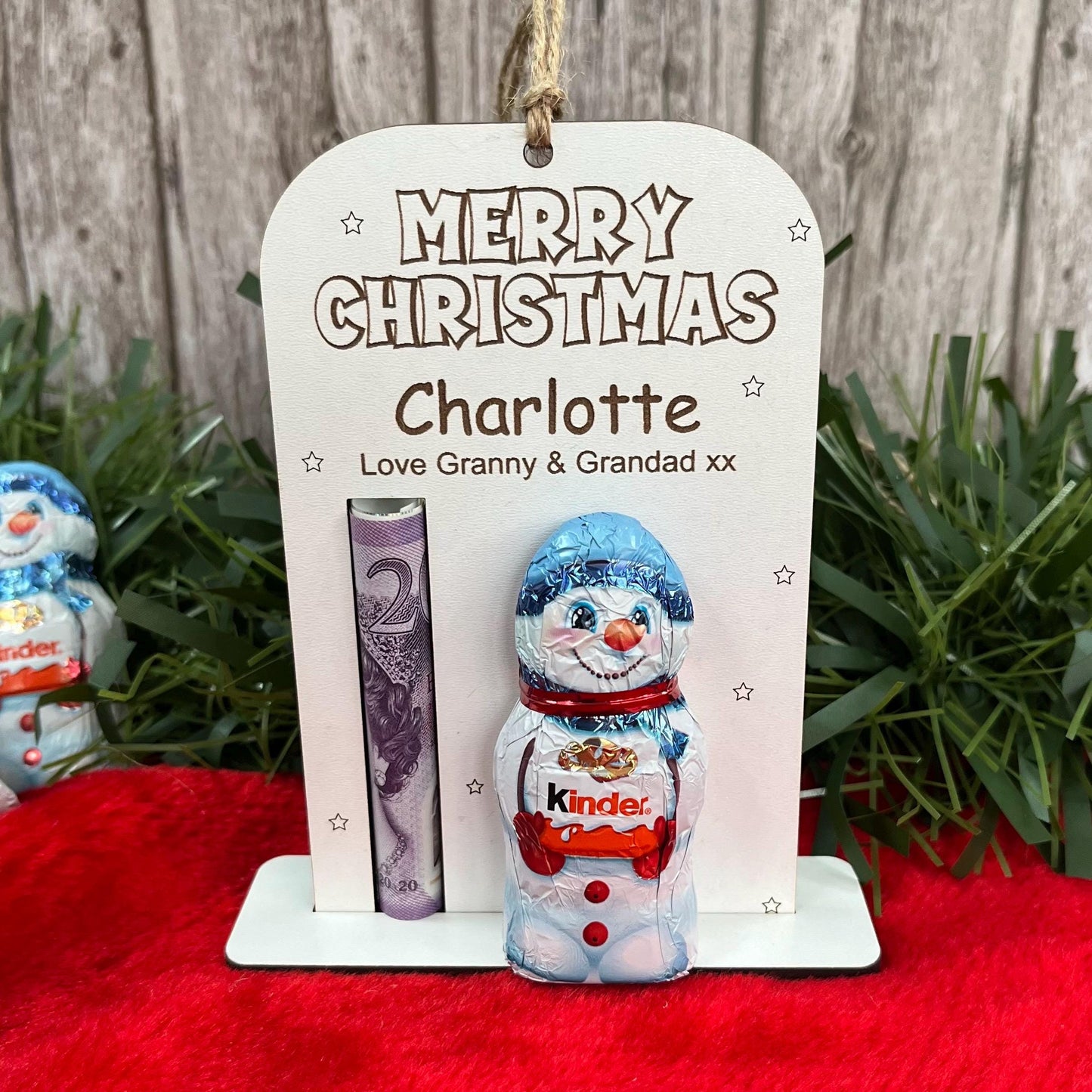 Personalised Christmas Money And Chocolate Holder: Kinder Chocolate Snowman Tree Ornament, Cash Envelope