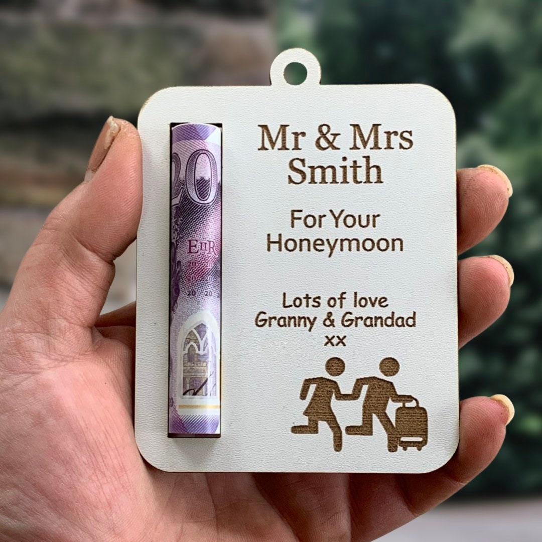 Personalised Wooden Wedding Money Holder: Mr & Mrs Gift Wallet, Honeymoon Cash