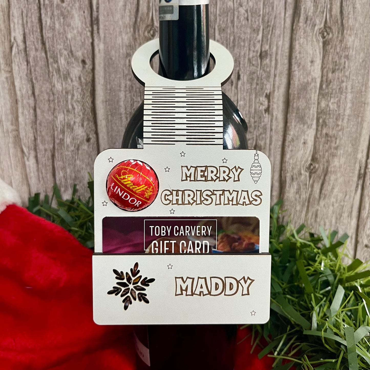 Personalised Christmas Wine Tag: Gift Card Holder, With Lindor Chocolate Holder