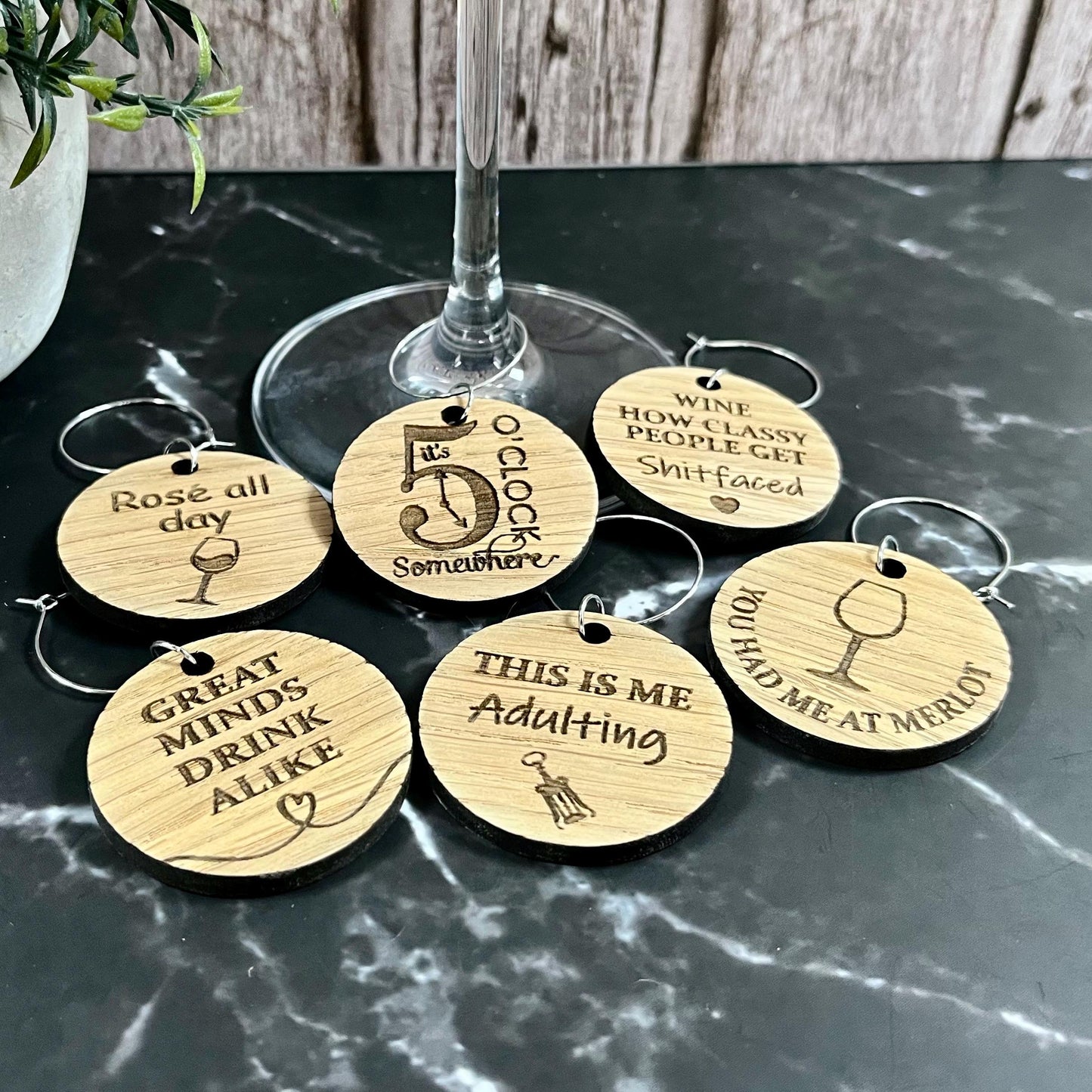 Funny Novelty Oak Wine Glass Charms: Personalised Girls Night Gift Set, Party Glass Tags X6