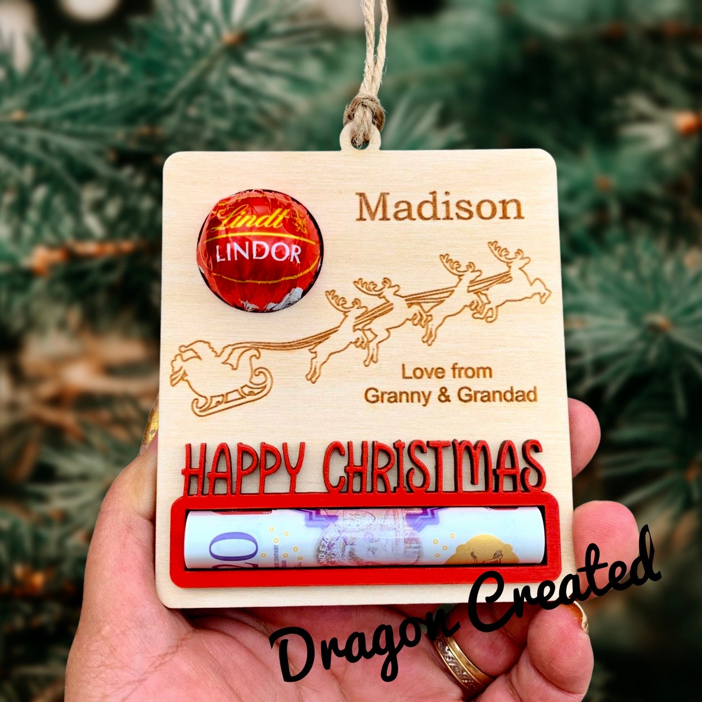 Personalised Christmas Money Holder Ornament: Engraved Birch Wood Bauble, Cash envelope