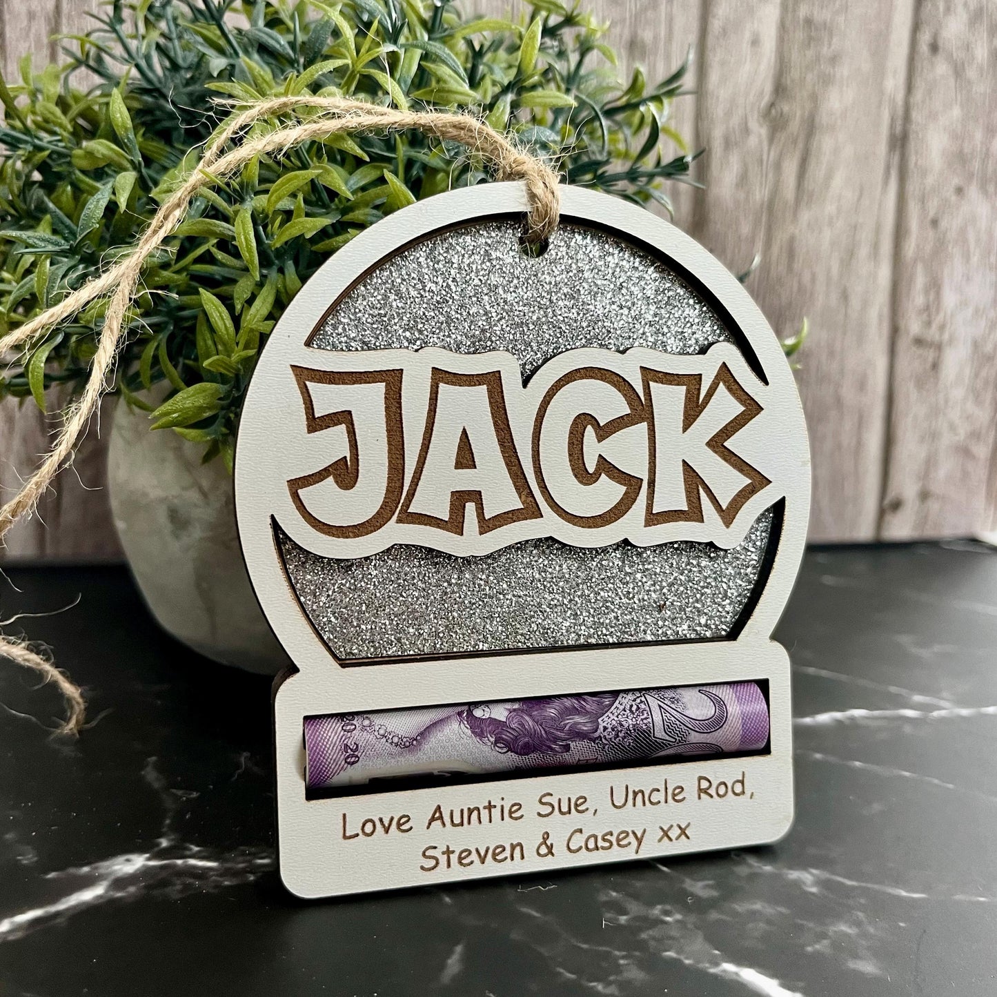Personalised Birthday Money Holder: Sparkly Wooden Cash Gift Envelope.