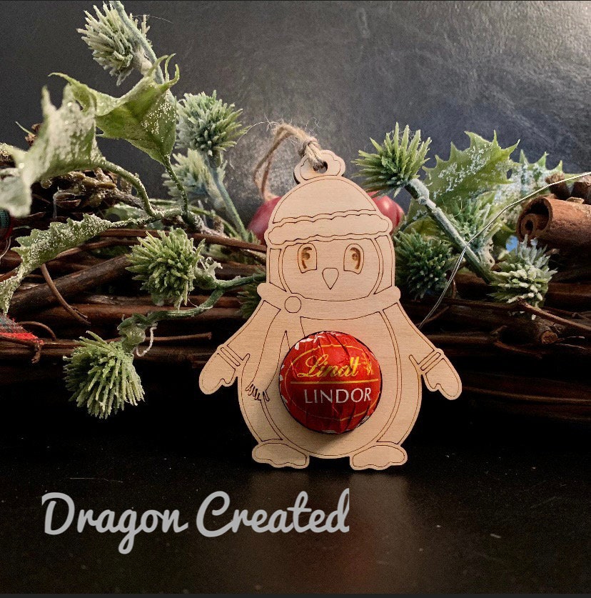 Christmas Penguin Chocolate Bauble: Lindor Chocolate Holder, Wooden Tree Decoration