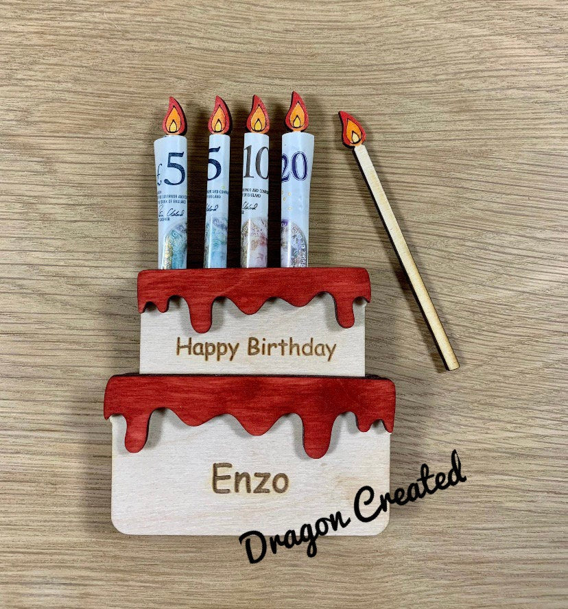 Personalised Birthday Money Holder: Wooden Cake Cash Gift, Envelope