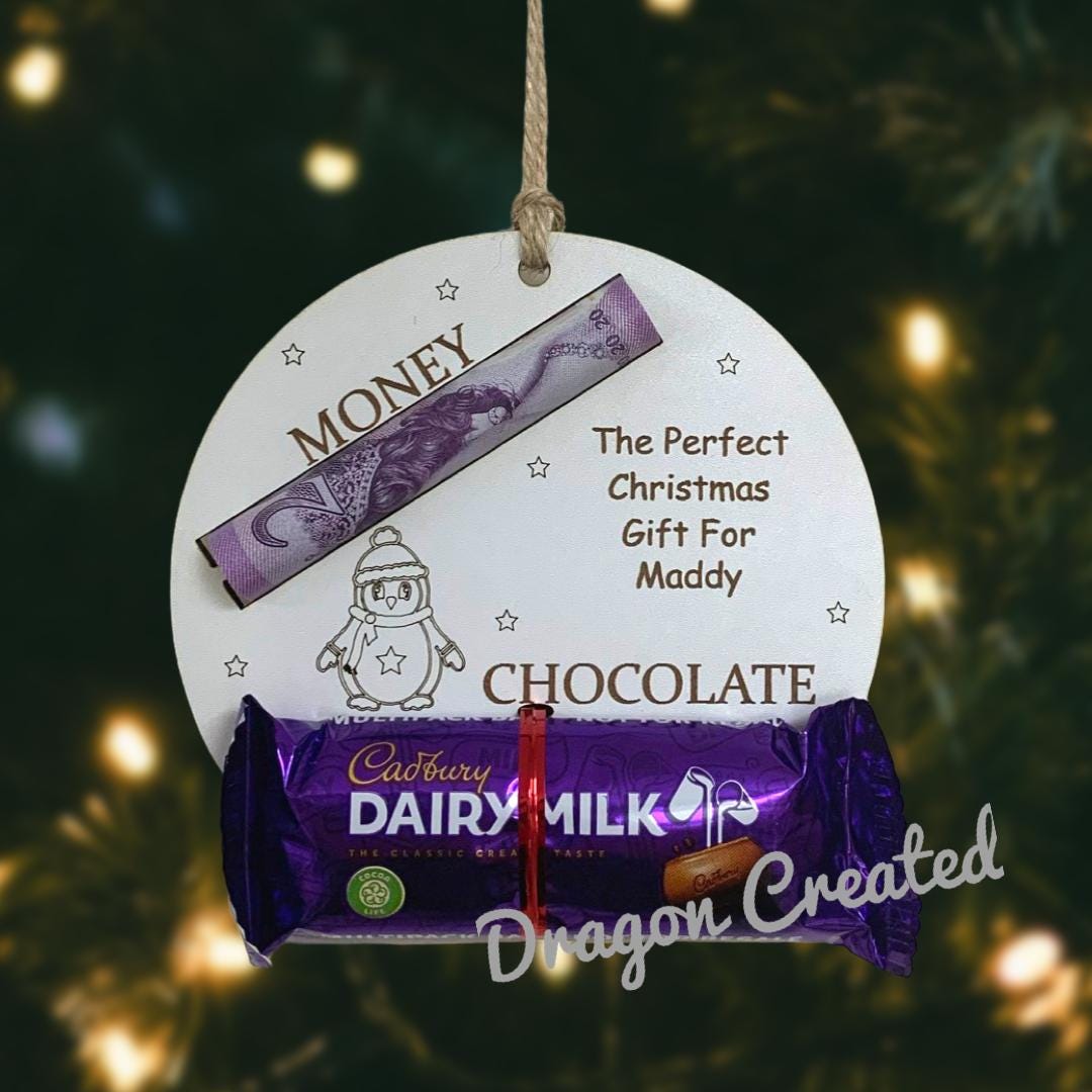 Personalised Christmas Money & Chocolate Holder: Engraved Wood Bauble
