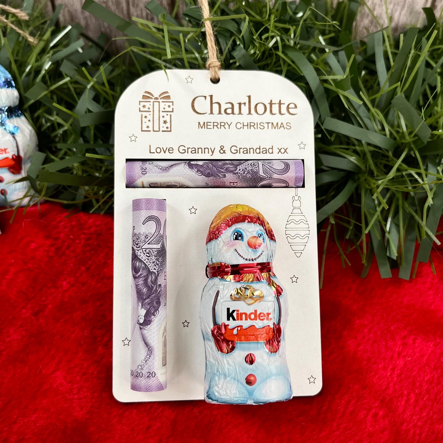Personalised Christmas Money And Chocolate Kinder Snowman Holder