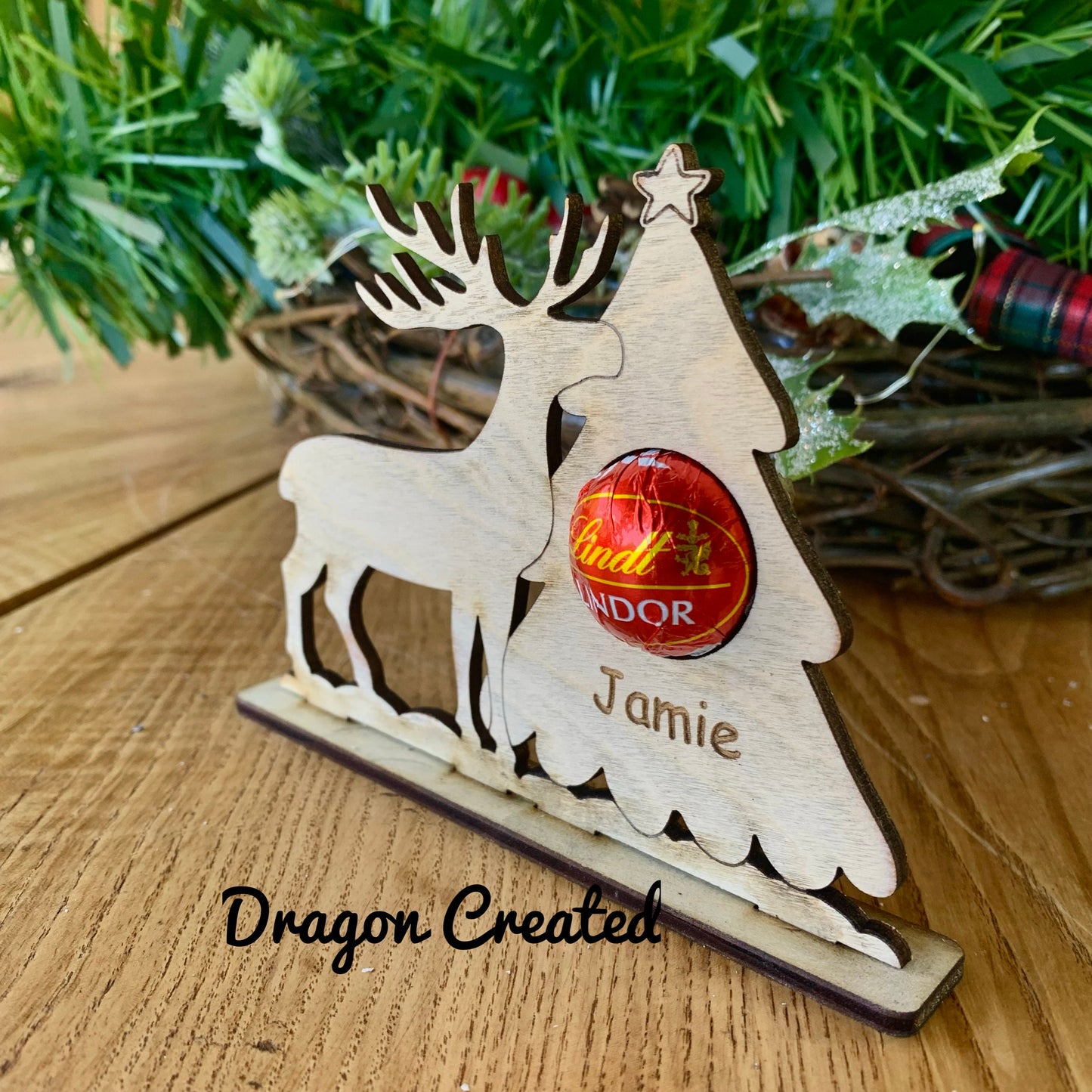 Personalised Reindeer Chocolate Place Setting: Engraved Wooden Christmas Decor
