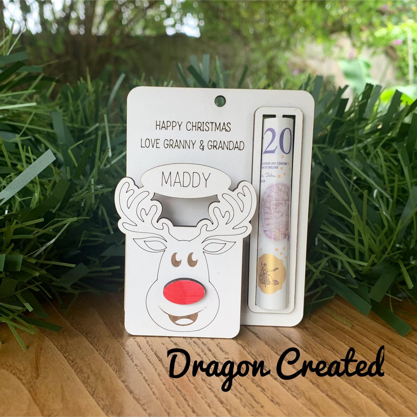 Personalised Reindeer Money & Chocolate Holder: Laser Engraved Wood Christmas Ornament