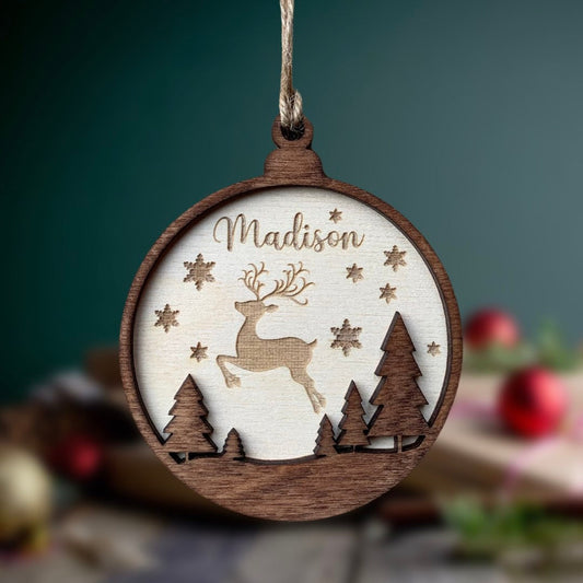 Personalised Wooden Reindeer Christmas Ornament: Engraved Bauble, Tree Decoration