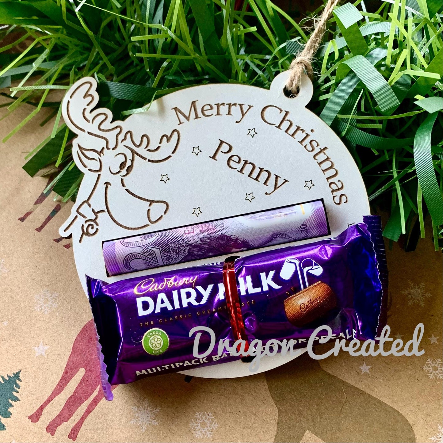 Personalised Reindeer Chocolate & Money Holder: Wooden Christmas Ornament