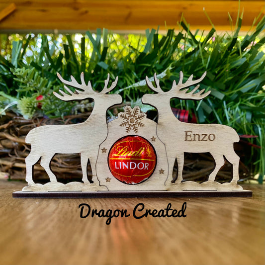 Personalised Reindeer Chocolate Holder: Wooden Christmas Place Setting