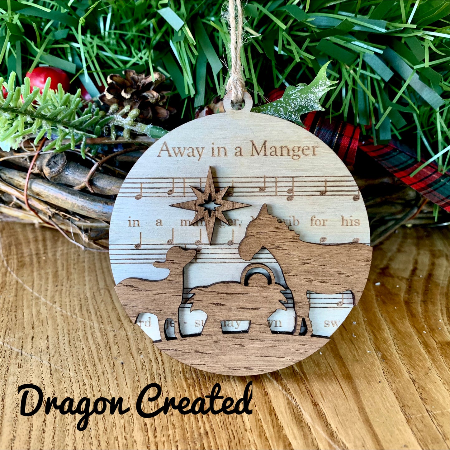 Away In A Manger  Wooden Bauble, Christmas Tree Ornament, Christmas Carol, Nativity scene