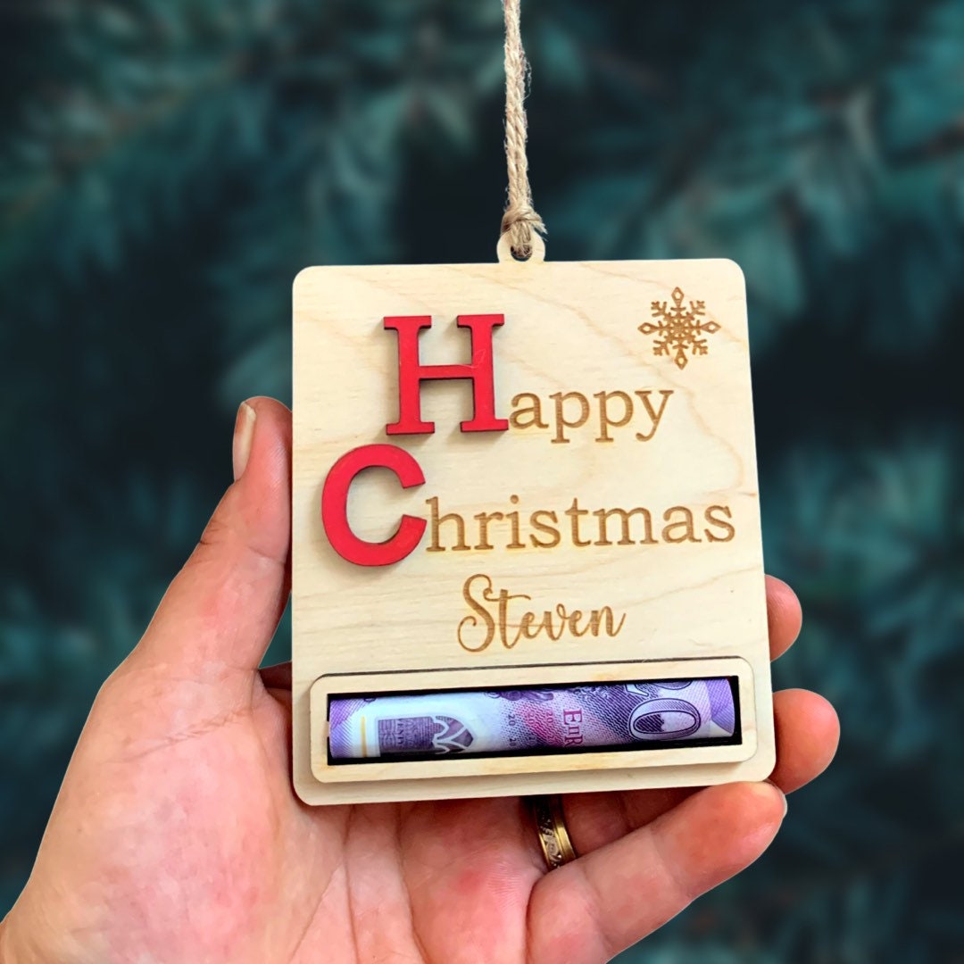 Personalised Christmas Money Holder Ornament: Engraved Bauble Decoration