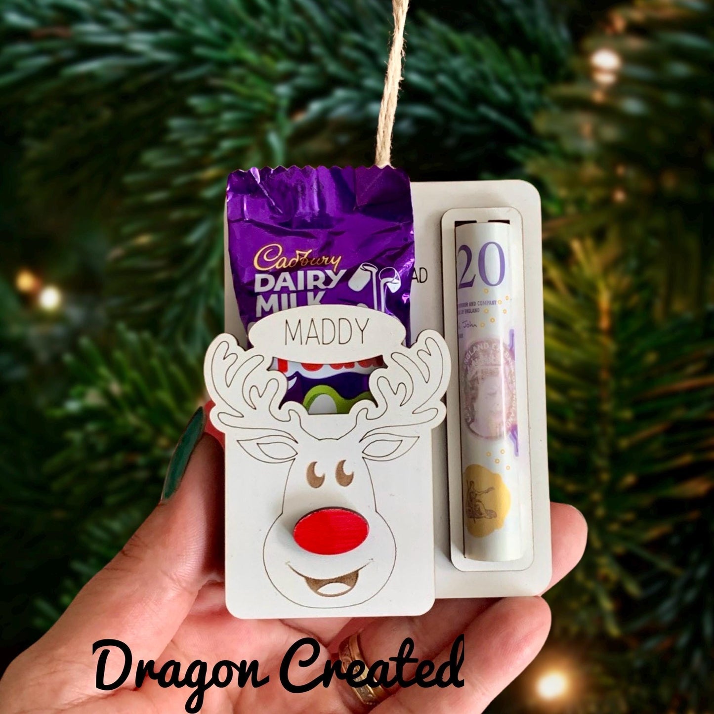 Personalised Reindeer Money & Chocolate Holder: Laser Engraved Wood Christmas Ornament