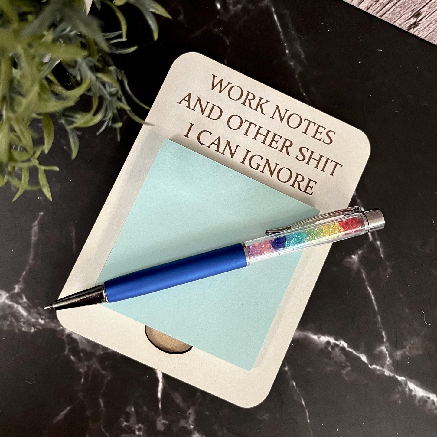 Funny Sarcastic Post-It Note Holder: Engraved Wooden Desk Organizer, Work Notes And Other Shit. Note Pad
