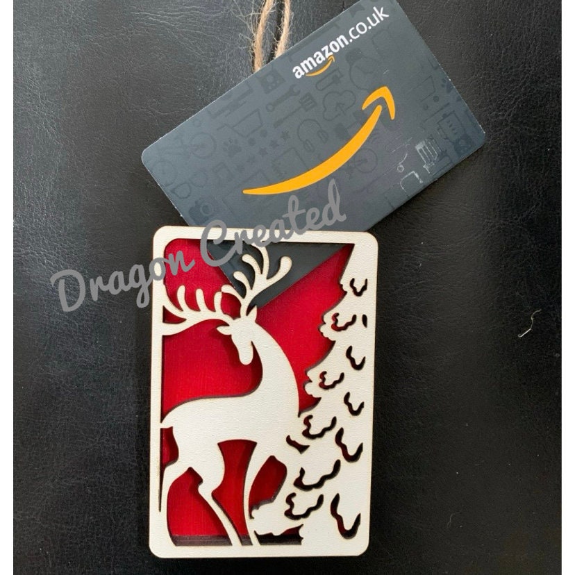 Personalised Reindeer Gift Card Holder Ornament: Laser Engraved Christmas Tree Decoration
