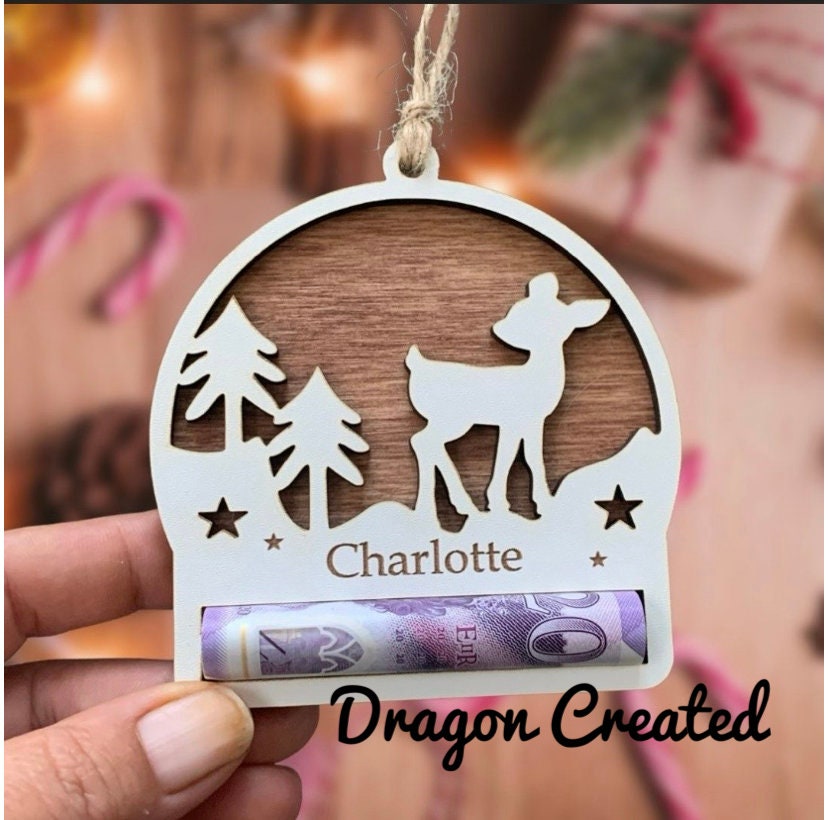 Personalised Christmas Money Holder Ornament: Engraved Wooden Reindeer, Cash Envelope, Tree Decoration