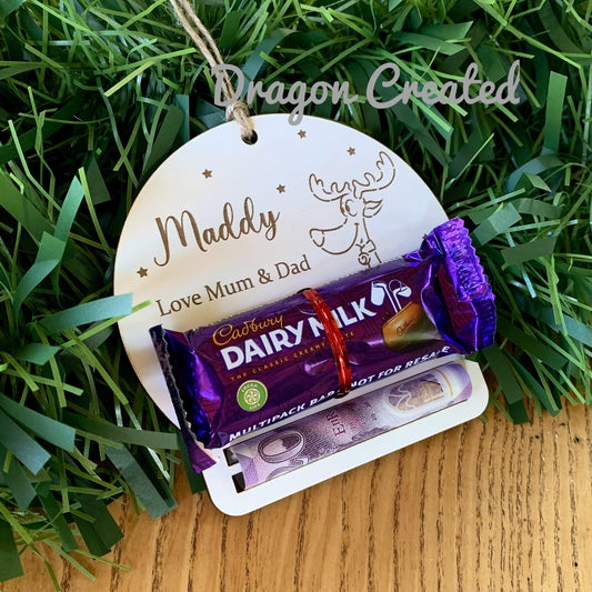 Christmas Money Holder, Chocolate & Cash, Personalised Wooden Money Envelope, Tree Ornament