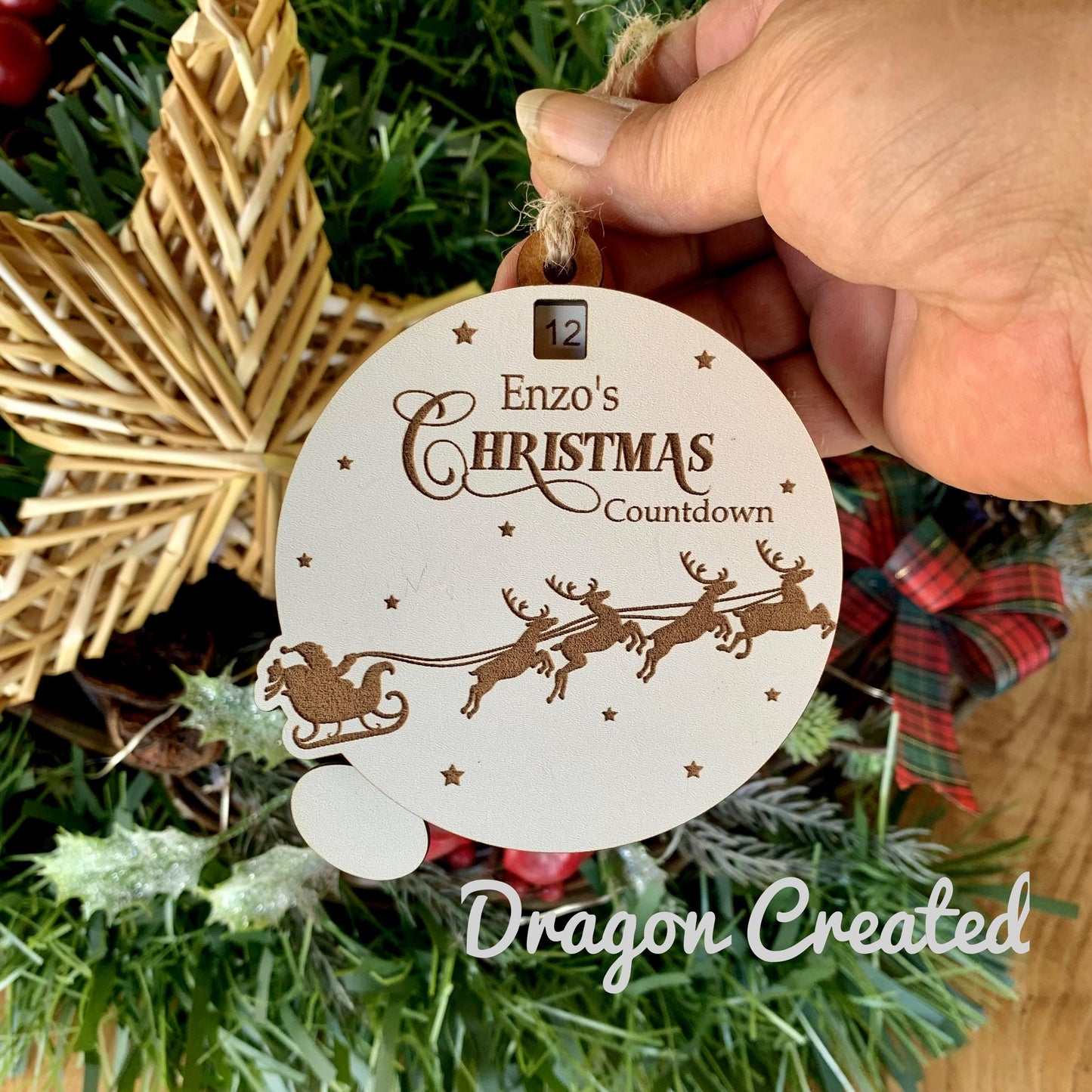 Christmas Countdown, Personalised Sliding Wooden Advent Calendar, Santa Sleigh Bauble Personalised