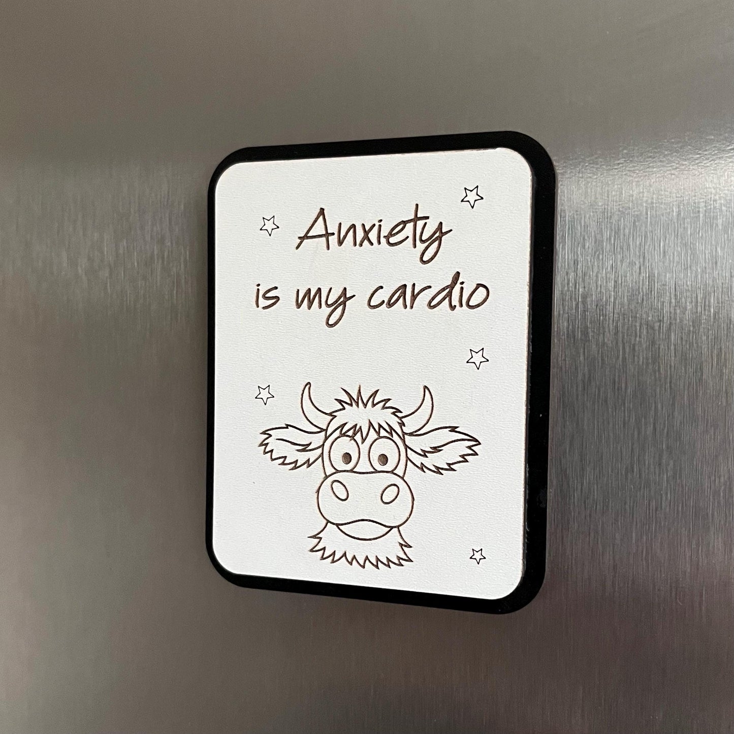 Funny Fridge Magnet: Wood Laser Engraved Quote, Anxiety Is My Cardio, Fun Quote