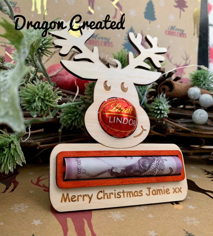 Personalised Reindeer Christmas Ornament: Lindor Chocolate & Money Holder, Cash Envelope