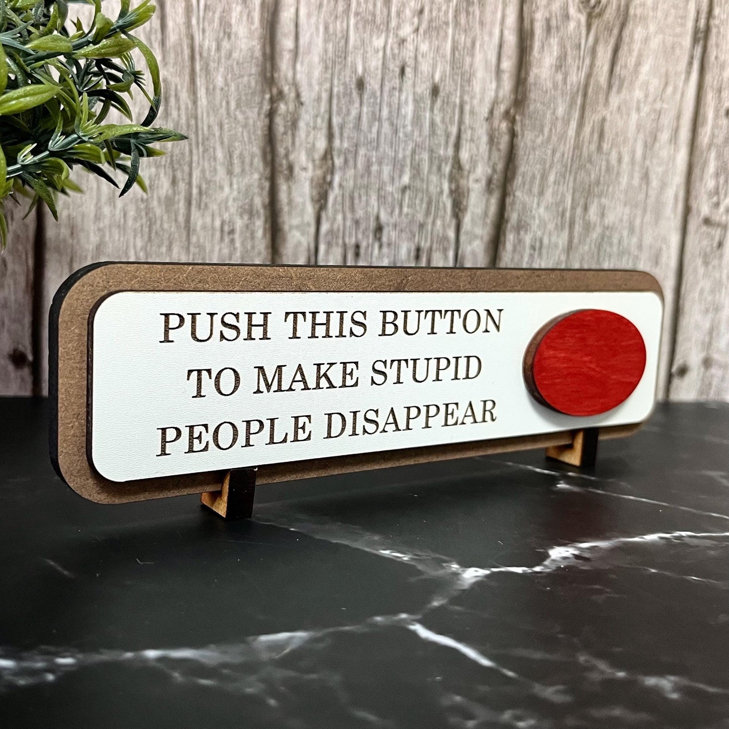Push This Button To Make Stupid People Disappear, Funny Wooden Desk Sign, Wooden Plaque, Office Joke Gift