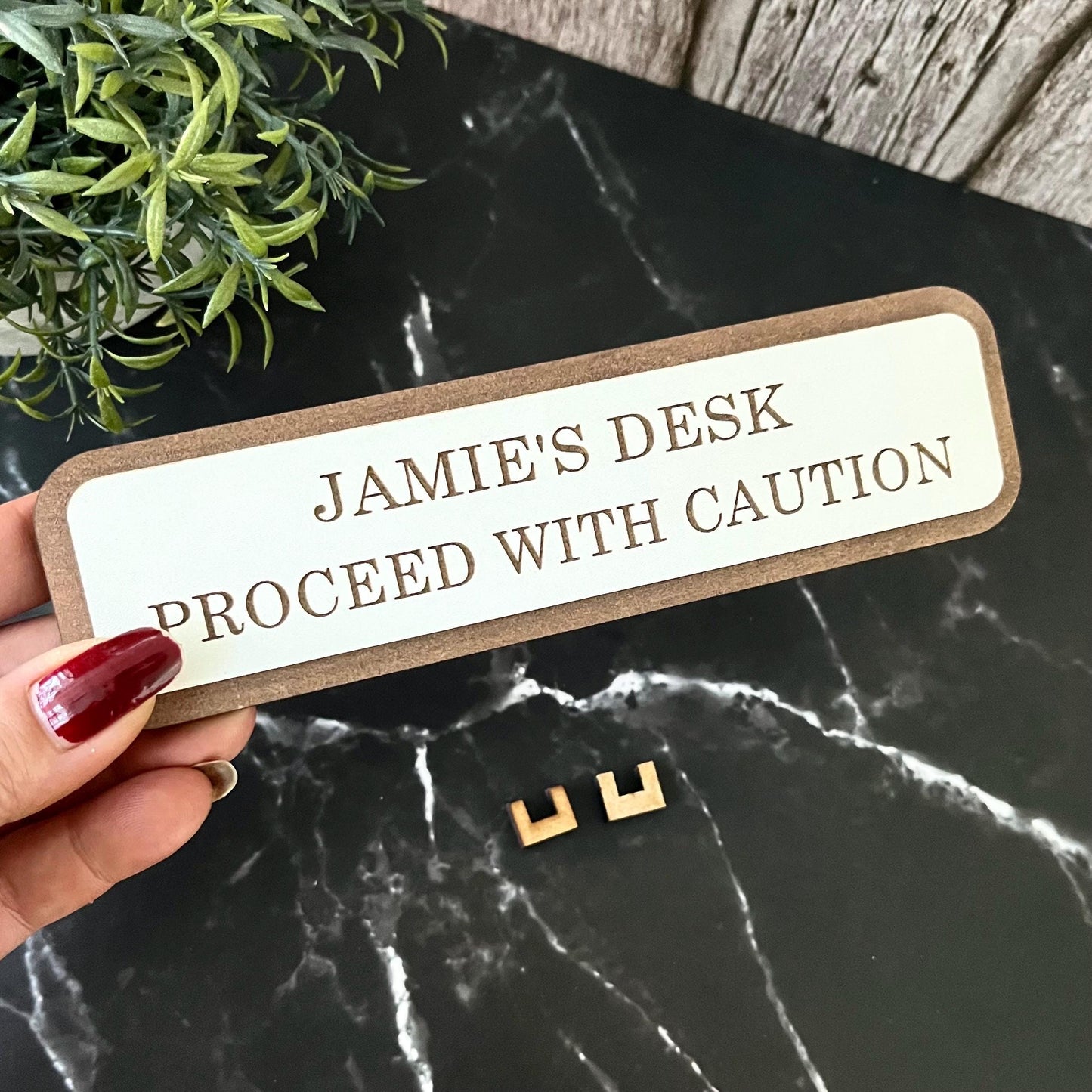 Personalised Proceed With Caution, Funny Wooden Desk Sign, Wooden Plaque, Office Joke Gift